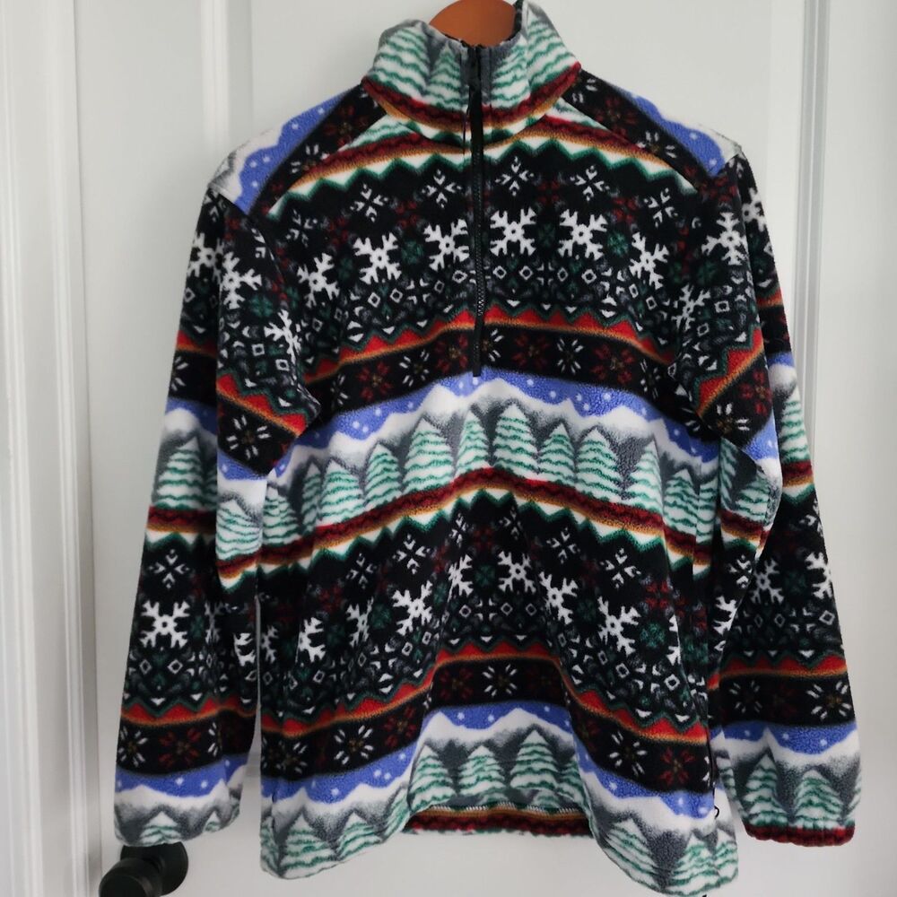 Vintage LL Bean Fleece Pullover Womens M Polyester Snowflake Tree 1/4 Zip Nordic